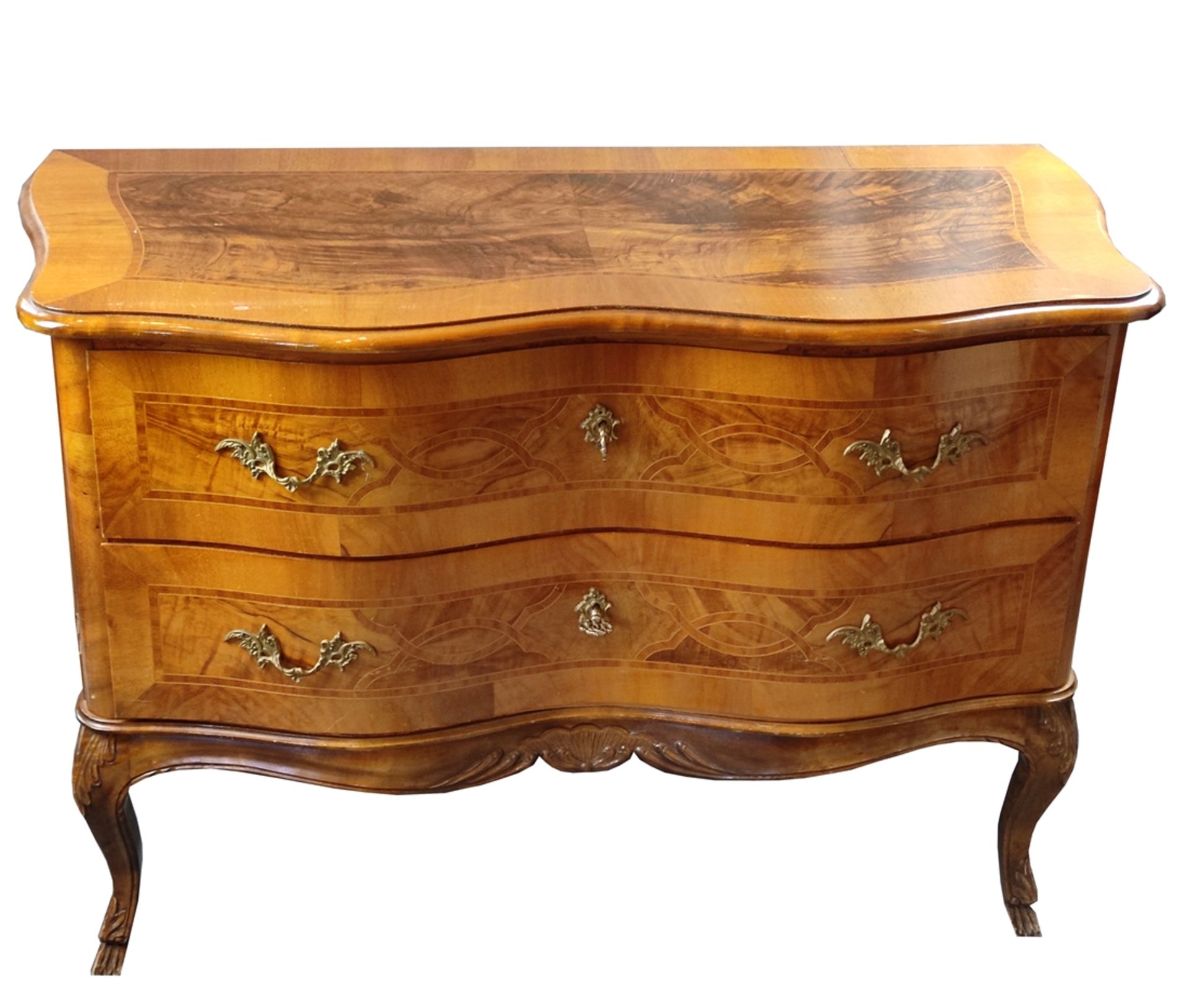 Rococo-style chest of drawers, curved shape with geometric inlays, 2 drawers, top with inlay decora