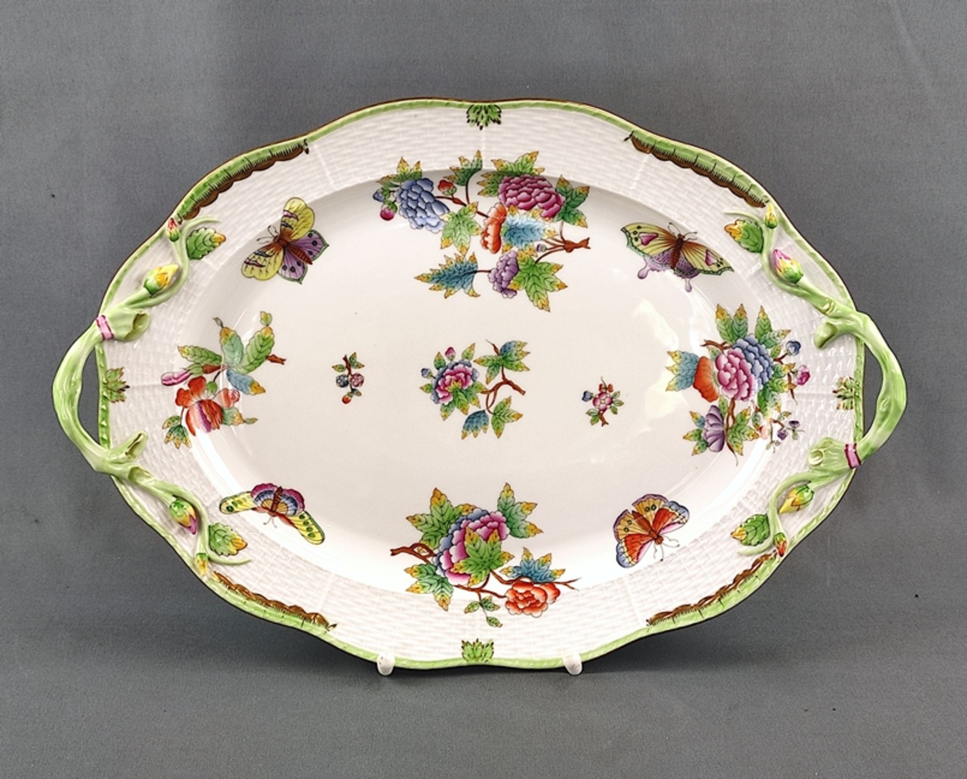 Large serving dish, Herend, Victoria décor, polychrome painting with blossoms and butterflies and g