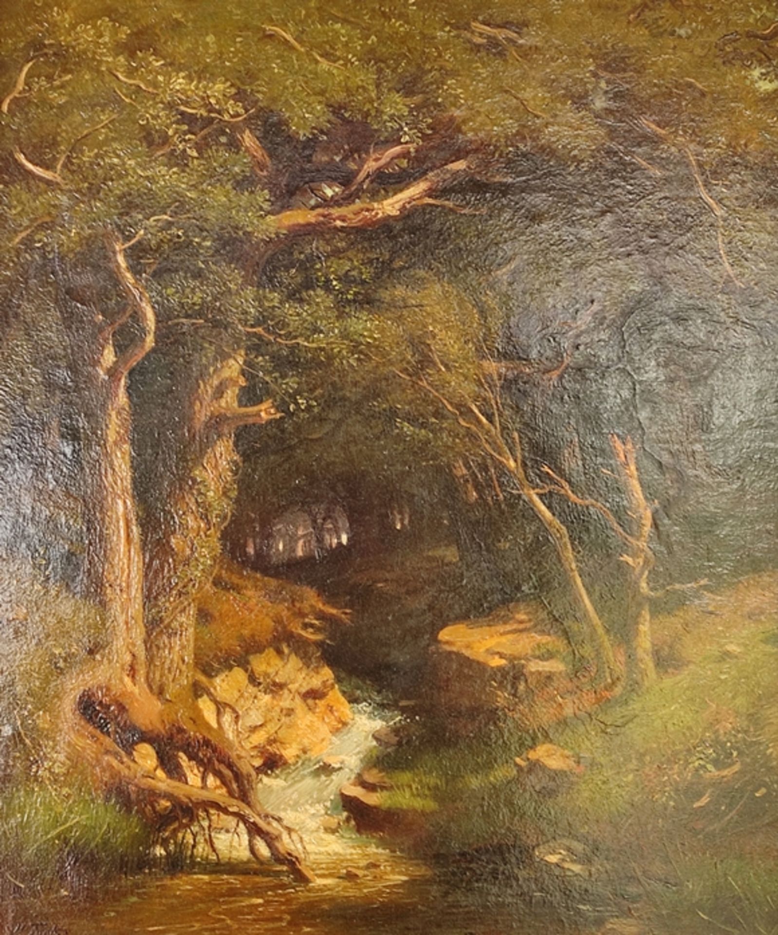 Funk, Heinrich (1807 - 1877) " Creek Landscape", small creek surrounded by trees, early summer atmo