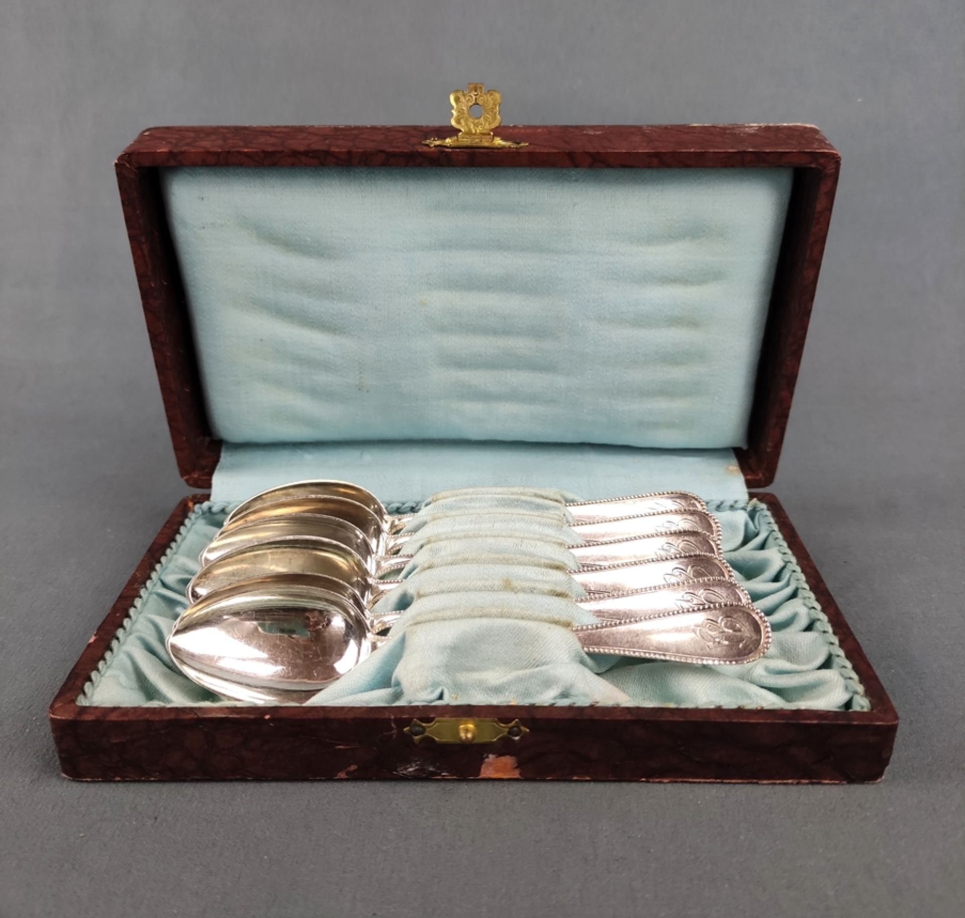 6 coffee spoons, monogrammed "FB", dated 1921, and inscribed "A. und W. Junge", silver 800, in case