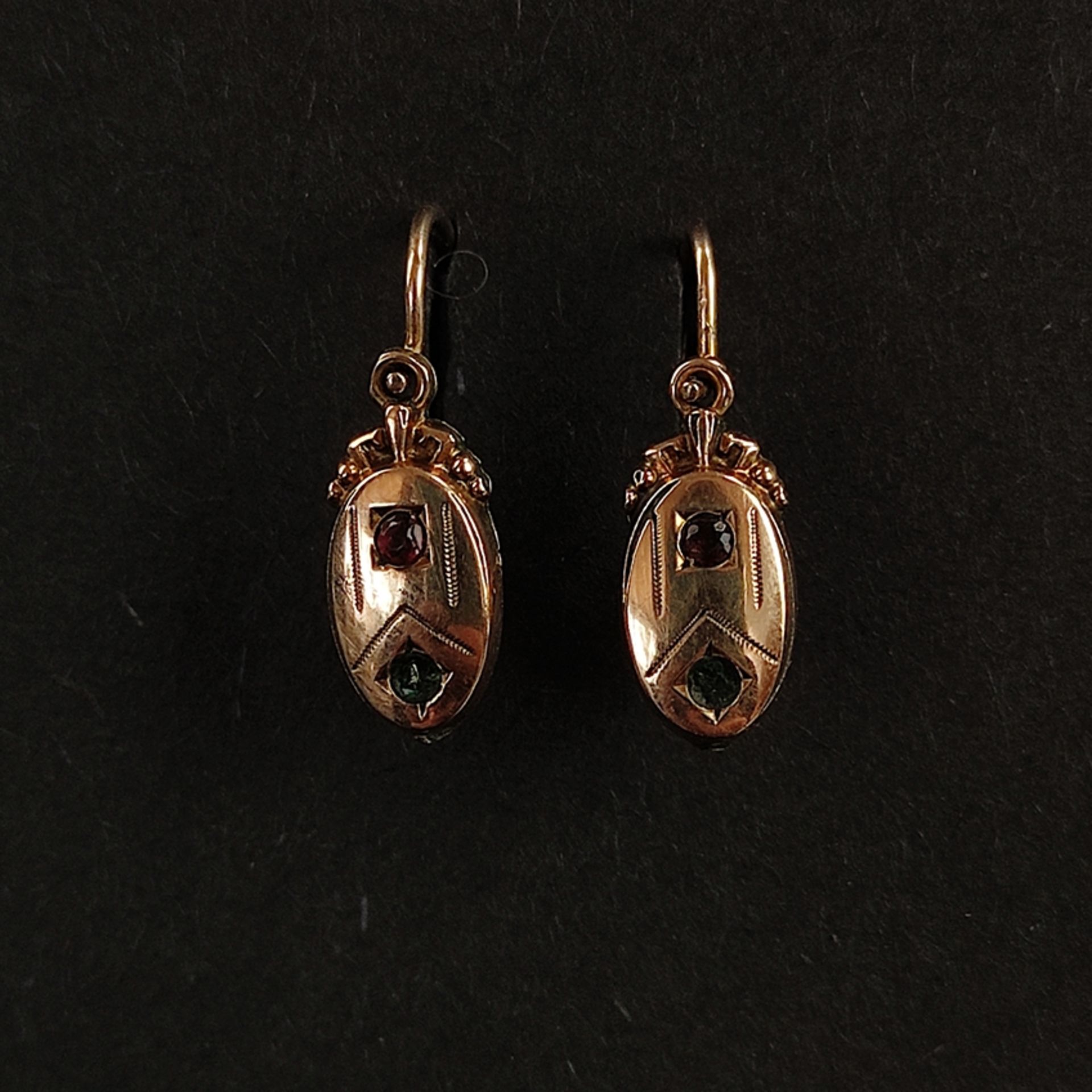 Pair of antique earrings, 585/14K rose gold (tested), 0.88g, Biedermeier, mid 19th century, each se