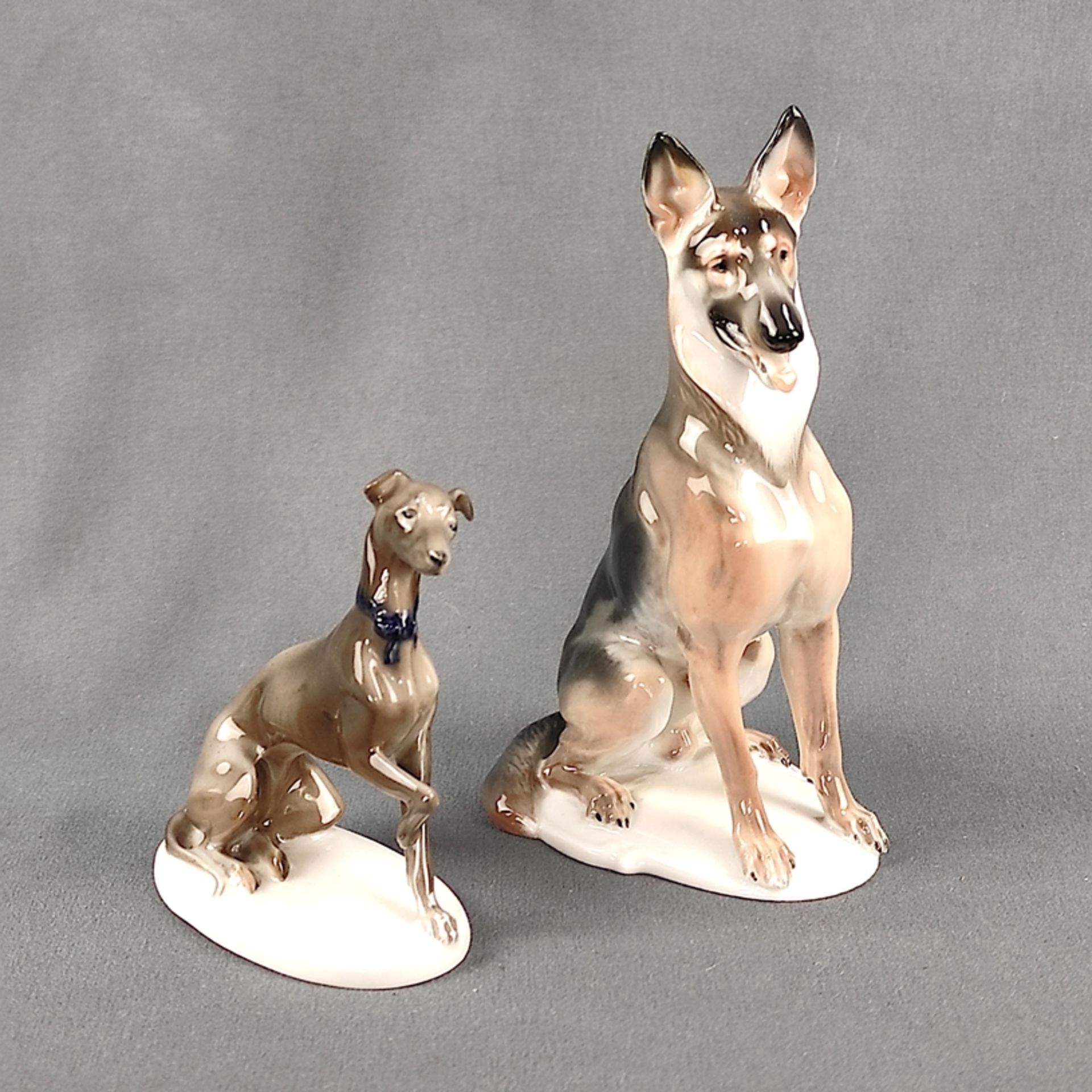 Dog convolute consisting of: "Sitting shepherd dog", polychrome painted on natural plinth, design b