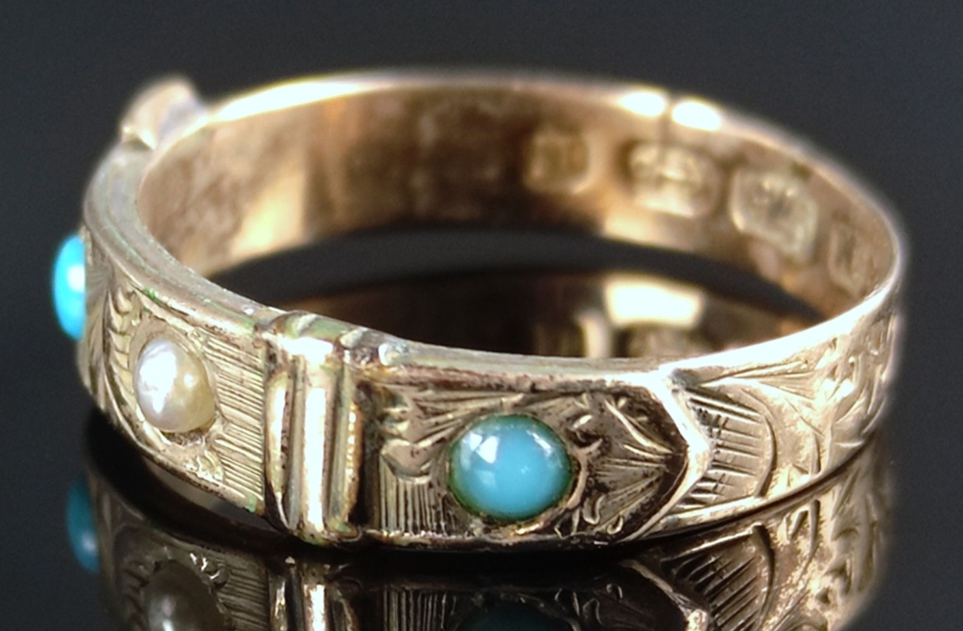 Antique ring in belt shape, set with one micro pearl and two small turquoises, Birmingham, Queen Vi