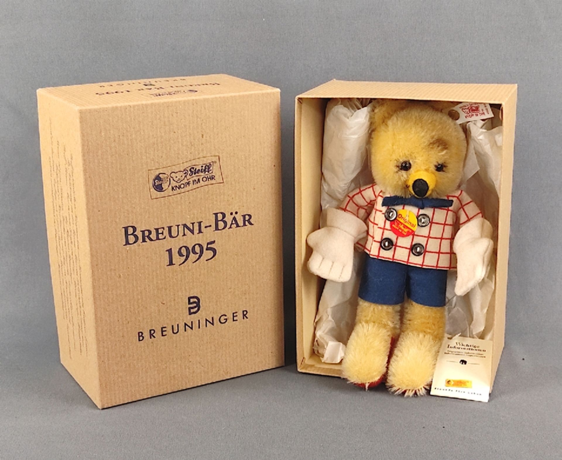 Steiff "Breuni-Bear", 655135, Ex. 70/1500,1995, length 20cm, with button, sign and flag, in origina