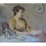 Knoebel, Robert (1874 Reichenberg - 1924 München) "Junge Frau mit Buch", am Kaffeetisch, elegant ge