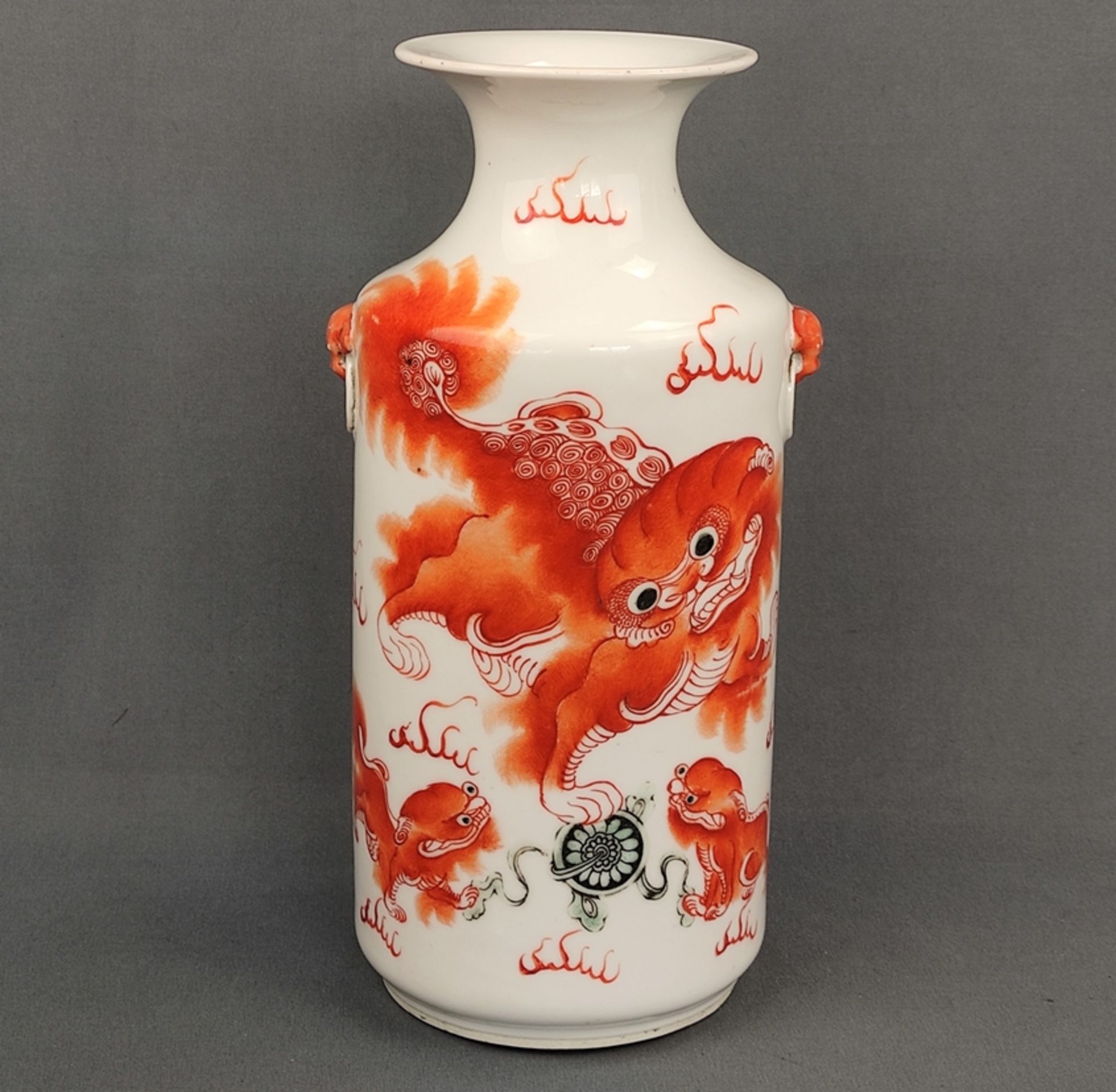 Vase, China, barrel-shaped body with short neck and flared rim, decorated in orange with dragon, ba