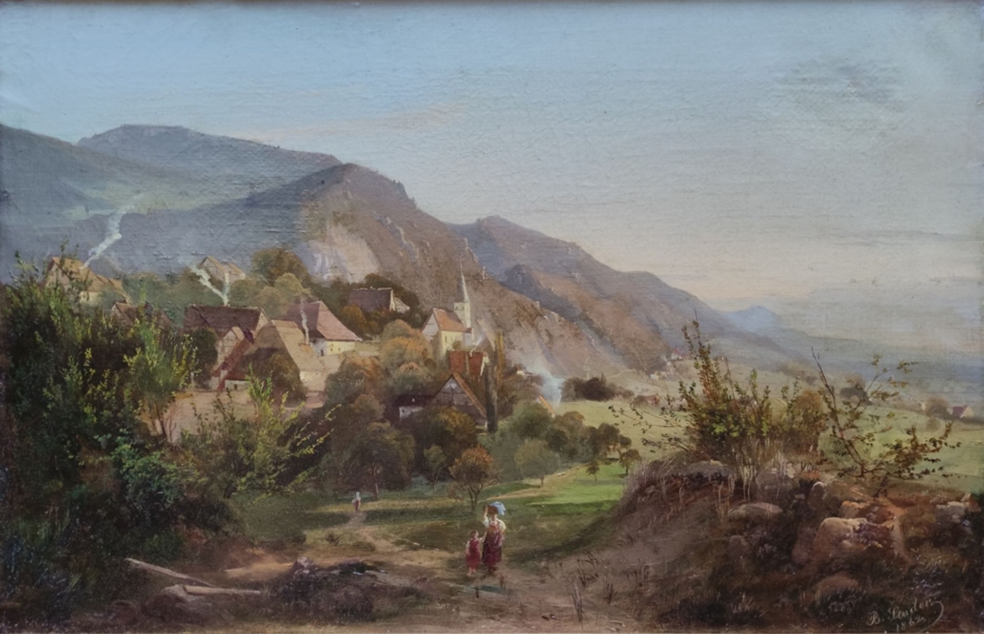 Studer, Bernhard (1832 Gunzgen - 1868 München) "Berglandschaft mit kleinem Städtchen" und Personens