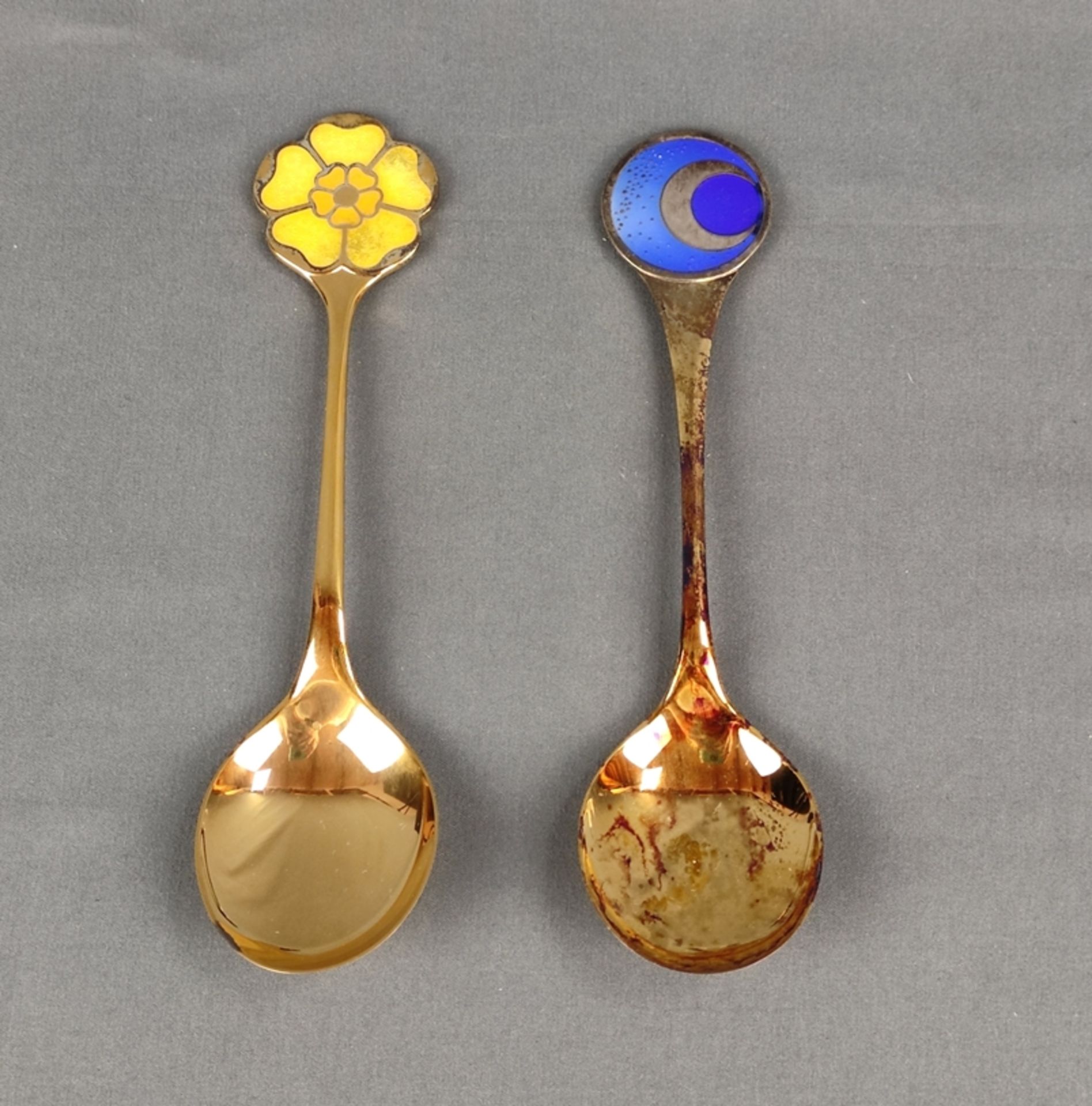 2 annual spoons, Robbe & Berking, sterling silver, relief worked and enamelled handle finishes, con