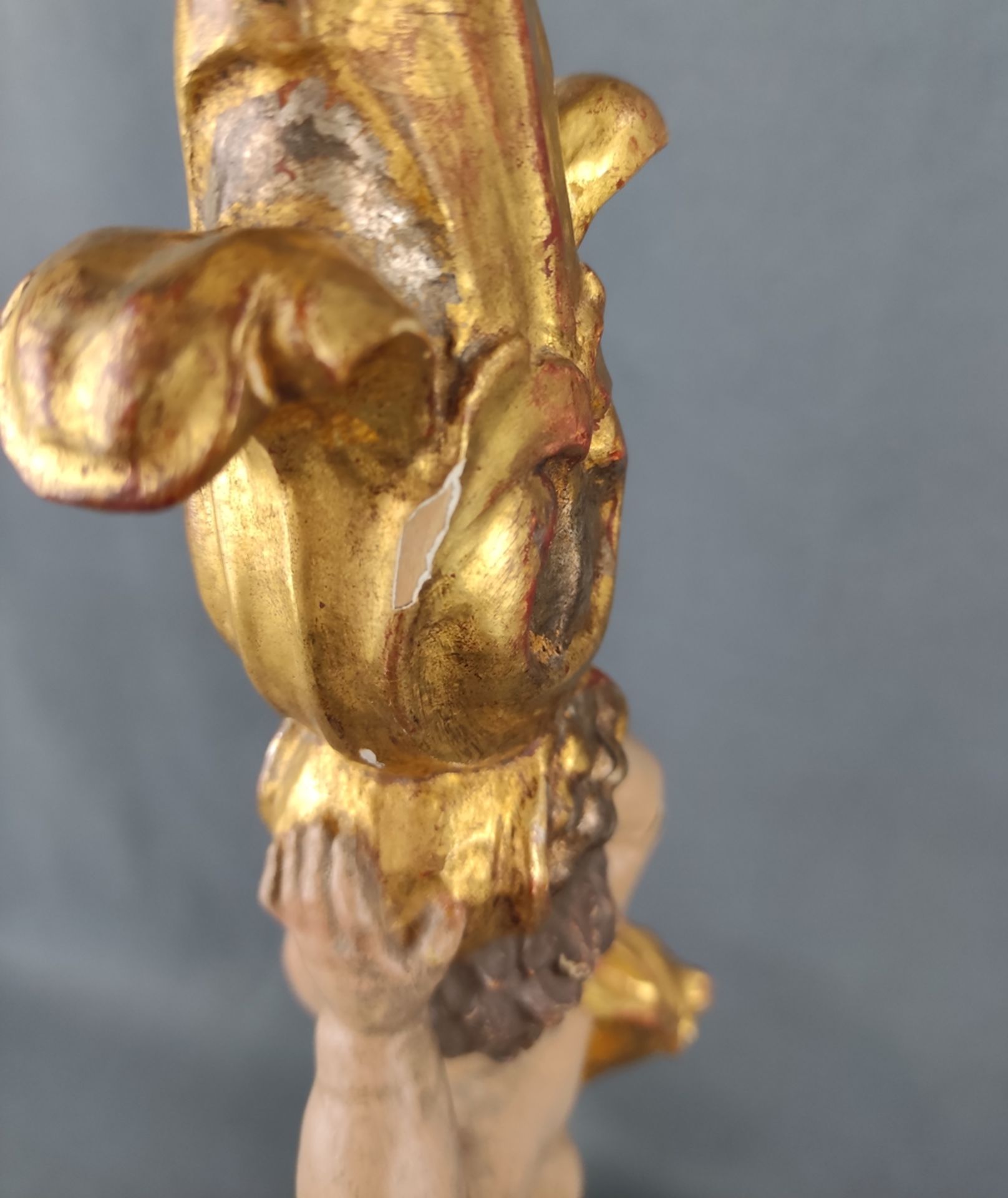 Large wooden candlestick in baroque style, carved, three-legged base with putto carrying profiled a - Image 5 of 5