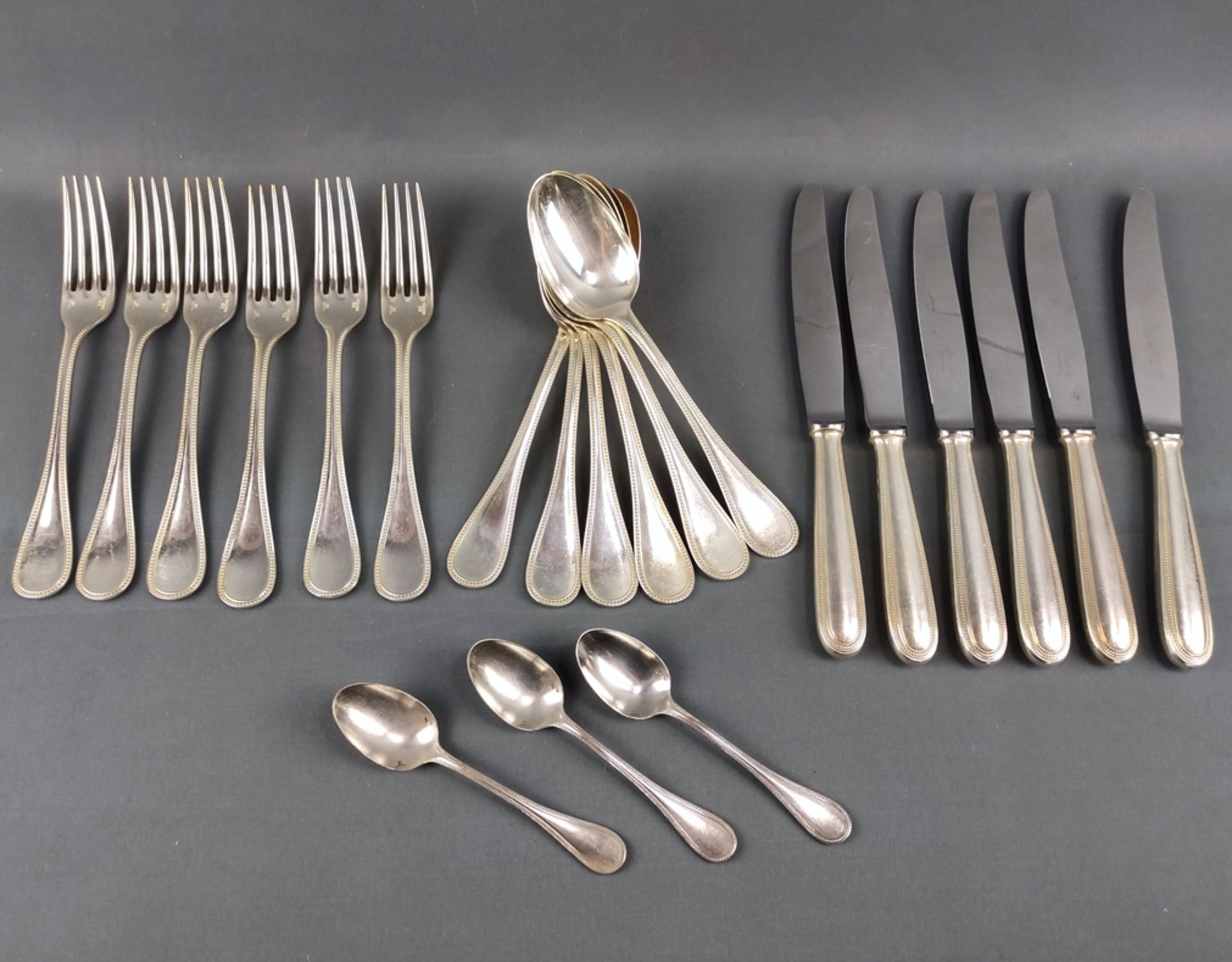 Cutlery set, Christofle, Paris, silver plated, decor "Perles", pearl rim, 21 pieces, consisting of 