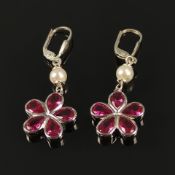 Rubin-Blüten Ohrringe mit Akoya Perlen, Silber 925, 6g, schöne Ohrringe mit Blüten und echten Akoya