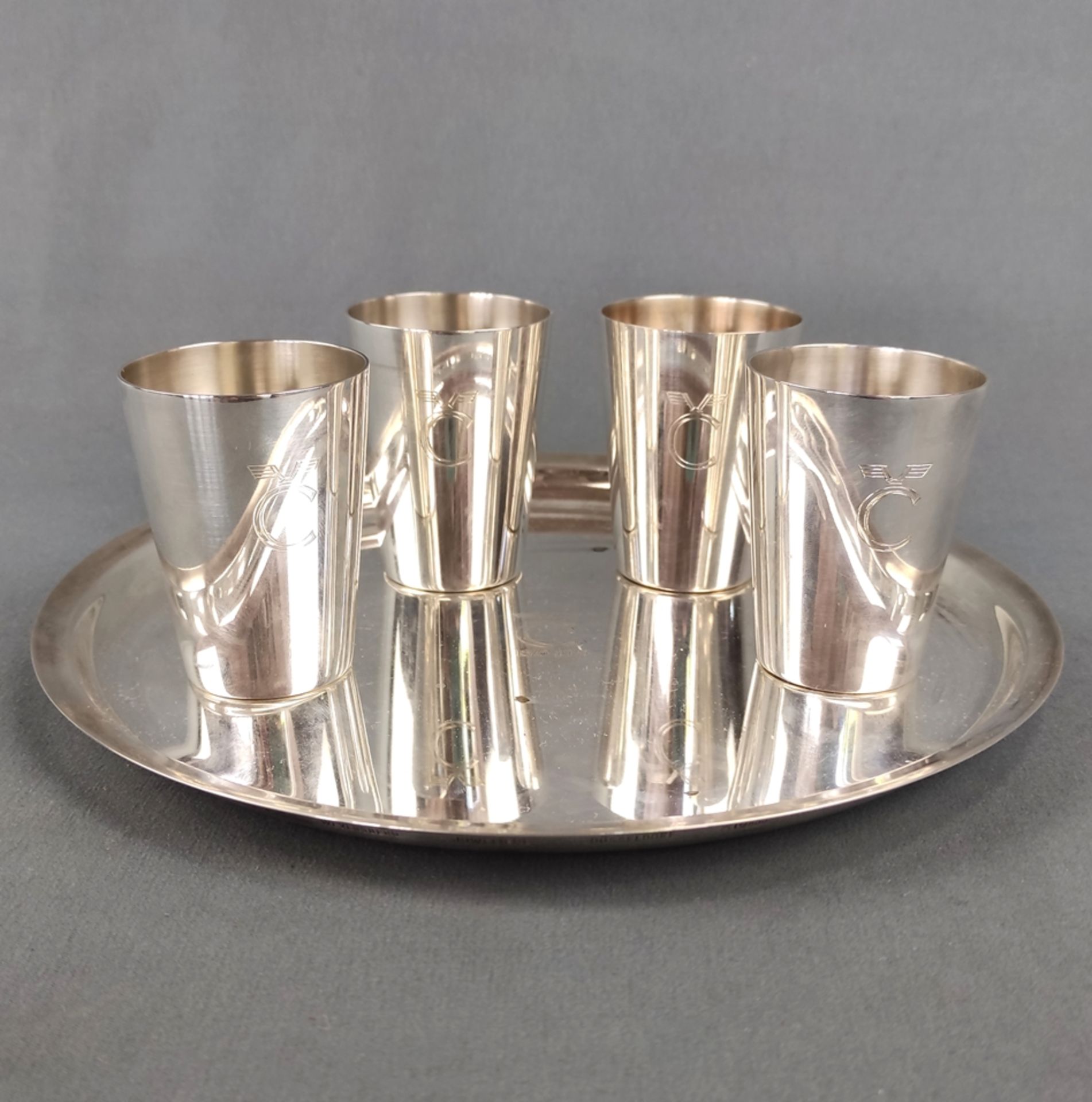 4 silver cups on tray, sterling silver/835 silver (tray), Wilhelm Binder, Schwäbisch Gmünd, total w
