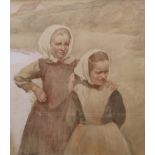 Clément, Max (1912 Wünnewil/Schmitten - 1995 Tafers) "Zwei Mädchen mit Kopftuch" vor einer bergigen