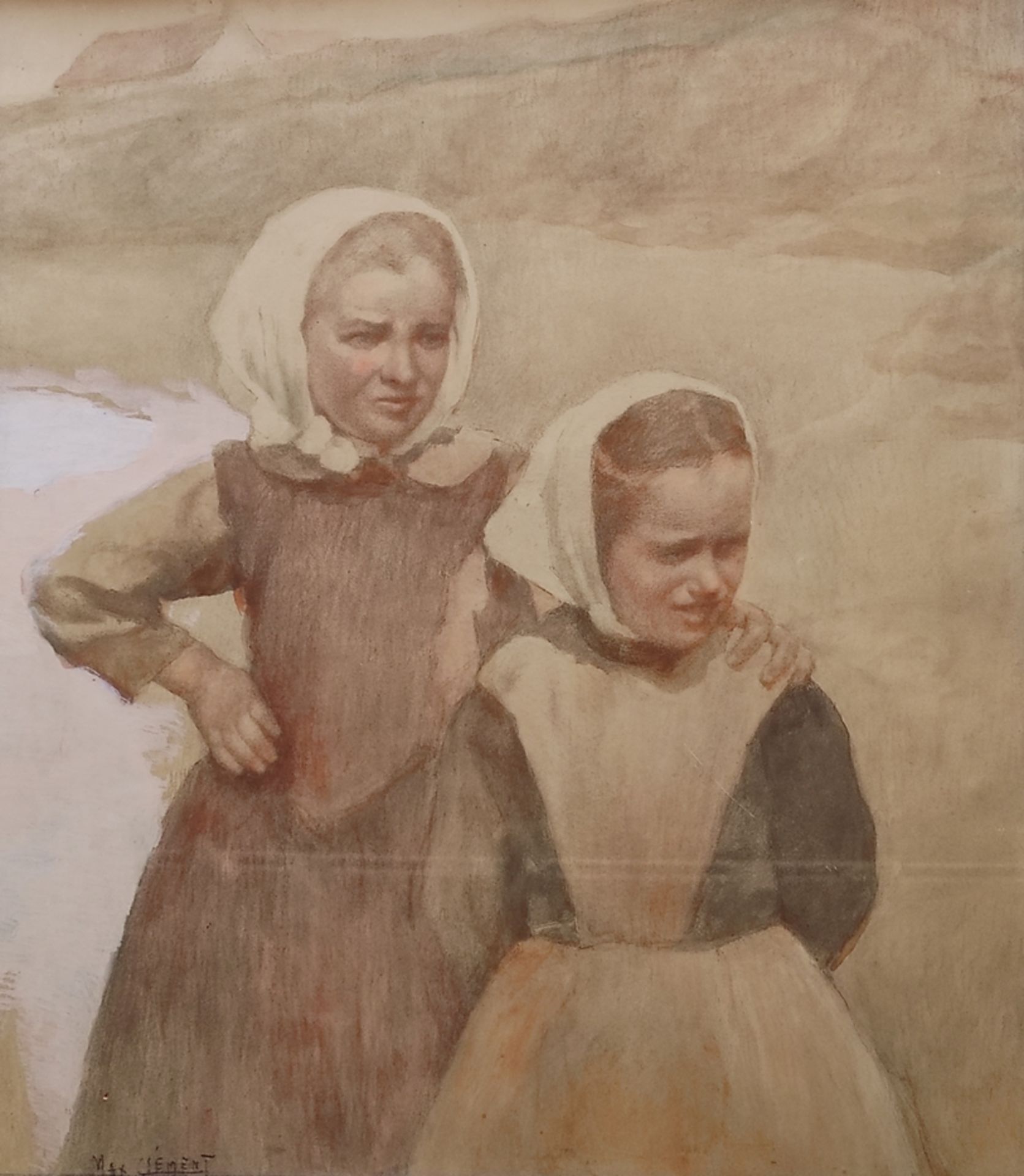 Clément, Max (1912 Wünnewil/Schmitten - 1995 Tafers) "Two girls with headscarf" in front of a mount