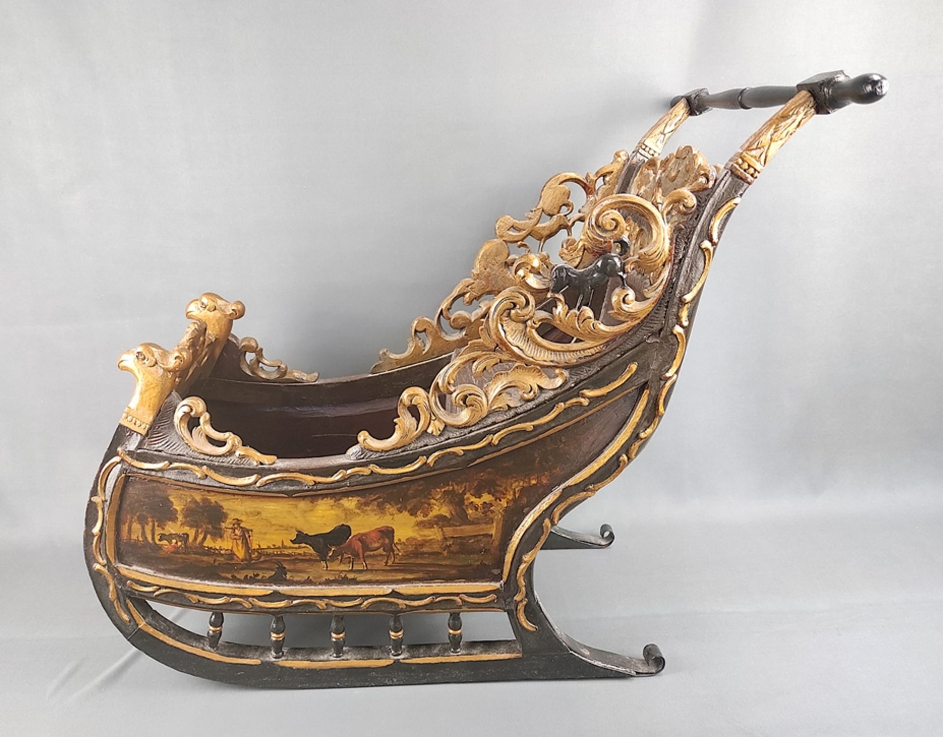 Antique sleigh, carousel/ dolls sleigh, 19th century, wood carved and colored, sides elaborately pa - Image 2 of 5