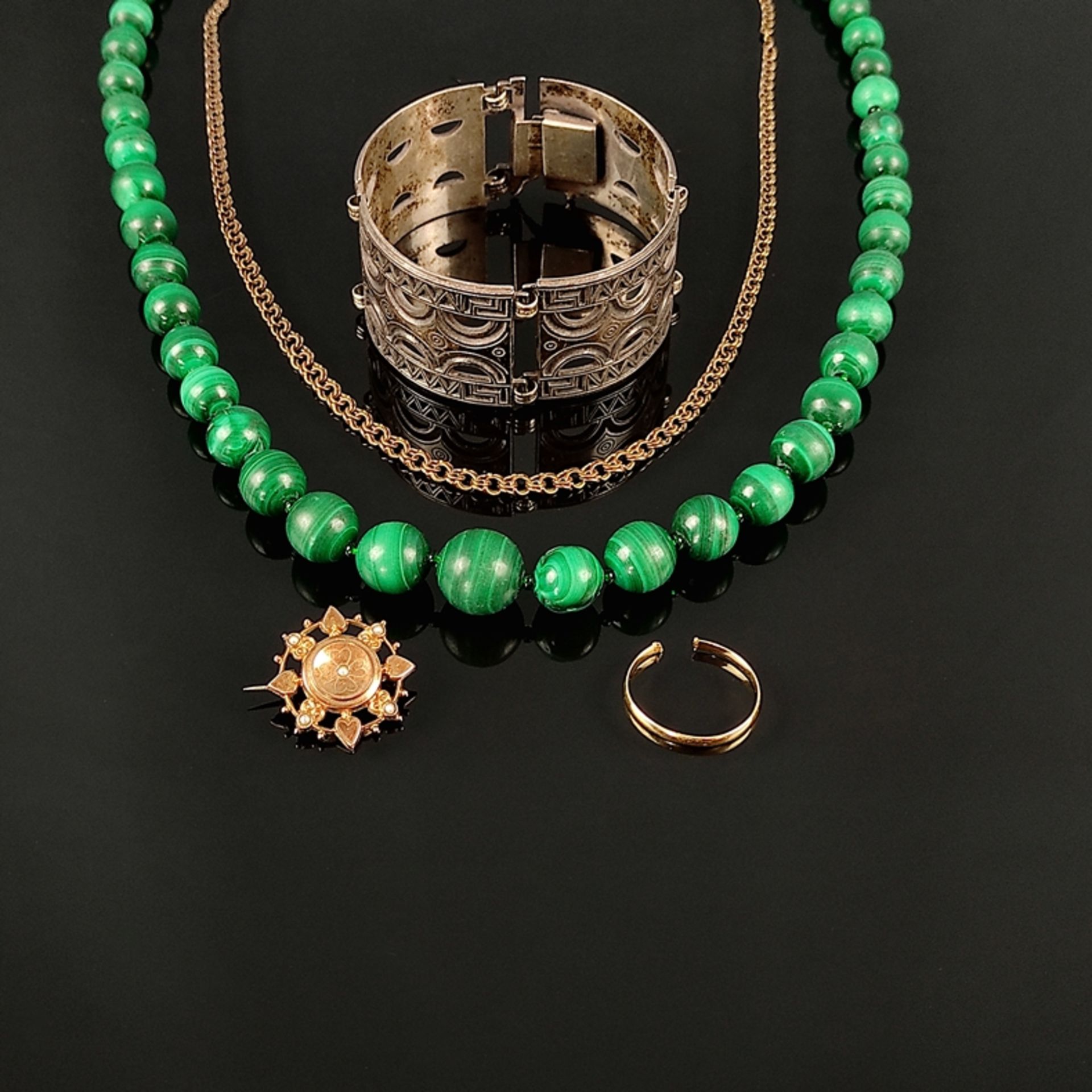 Jewelry convolute, 5 pieces, consisting of malachite necklace, length 56cm, sterling silver bracele