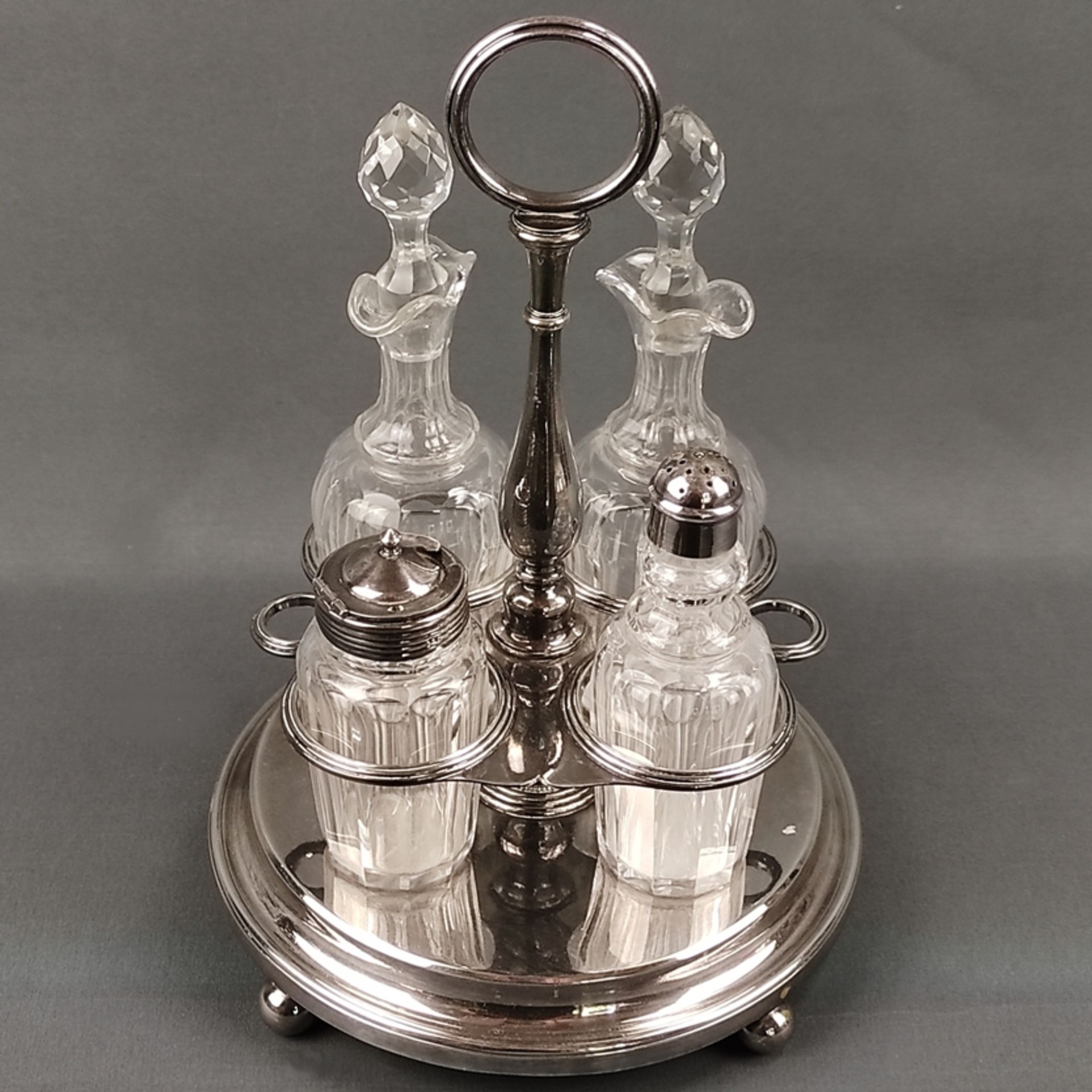 Cruet, Christofle, Paris, silver plated, round stand on four ball feet, four inserts, two with glas