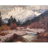 Curry, Robert Franz (1872 Boston -1955 Riederau) "Winterlandschaft mit Bergpanorama" und Fluss, Öl