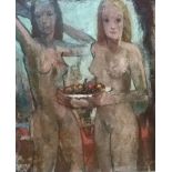 Kropp, Heinrich (1900 München - 1982 Gauting) "Akt zweier Damen" mit Obstschale, vor abstraktem Hin