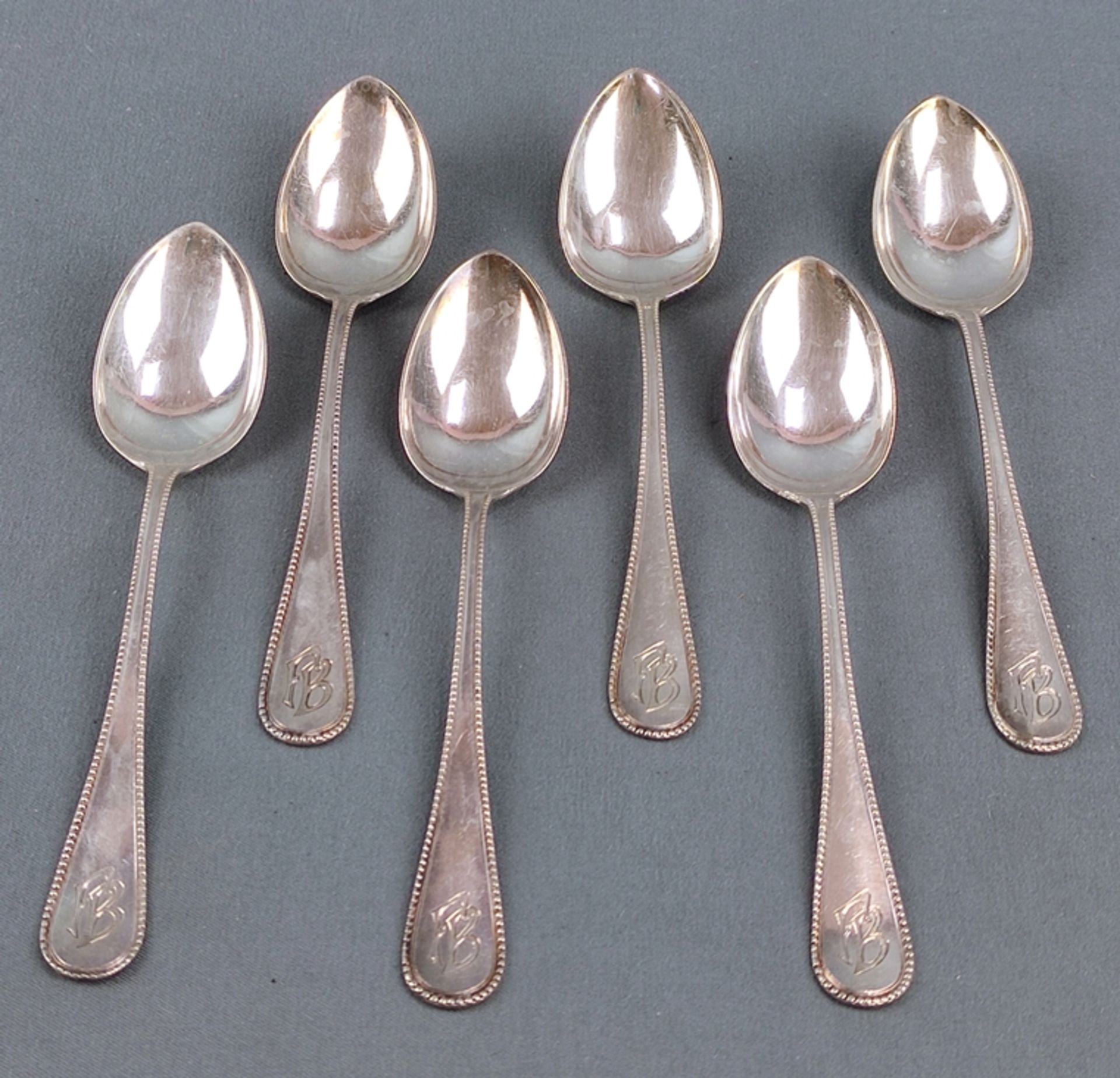 6 coffee spoons, monogrammed "FB", dated 1921, and inscribed "A. Junge", silver 800, in case "Augus - Image 2 of 4