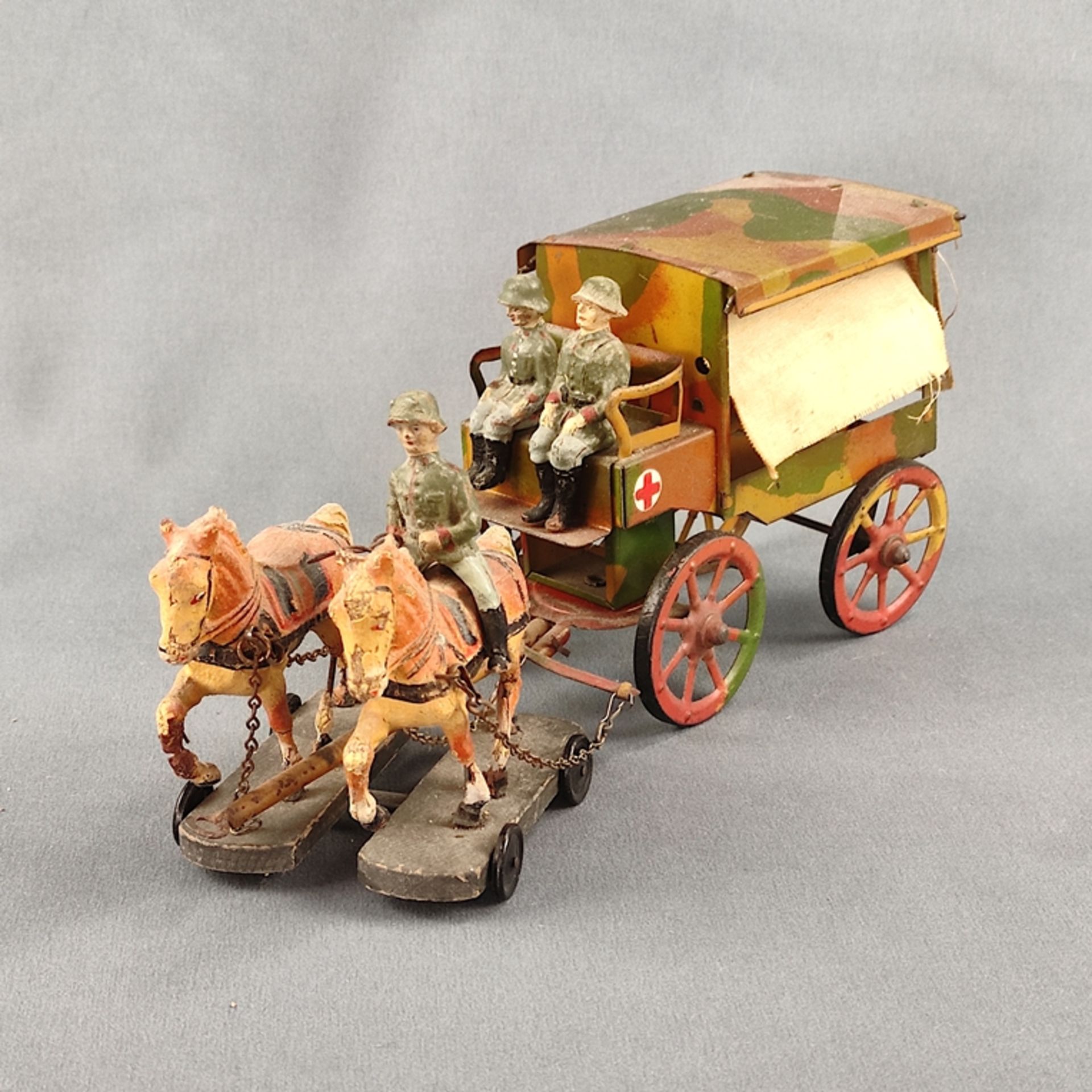 Elastolin ambulance, 2-horse with a rider and 2 ride-on horses, tin version, Germany, pre-war perio - Image 2 of 5
