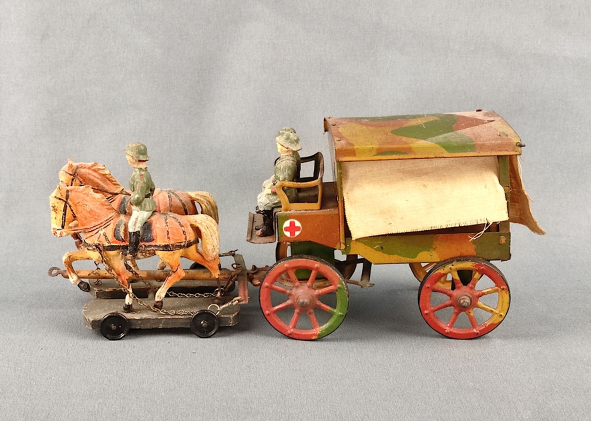 Elastolin ambulance, 2-horse with a rider and 2 ride-on horses, tin version, Germany, pre-war perio