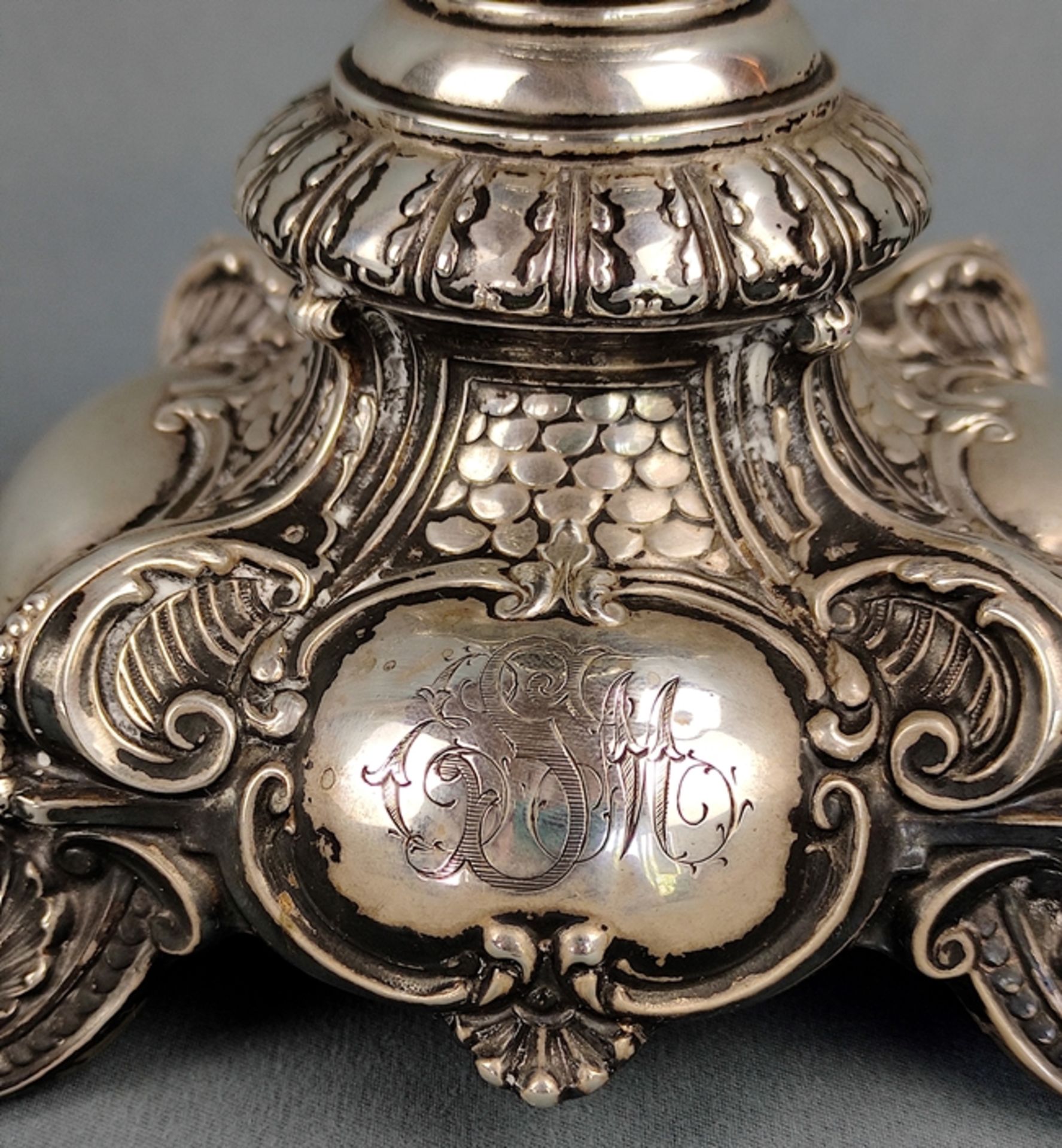 Antique candlestick, baroque shape, on four rolled acanthus feet, one cartouche with monogram, the  - Image 3 of 4