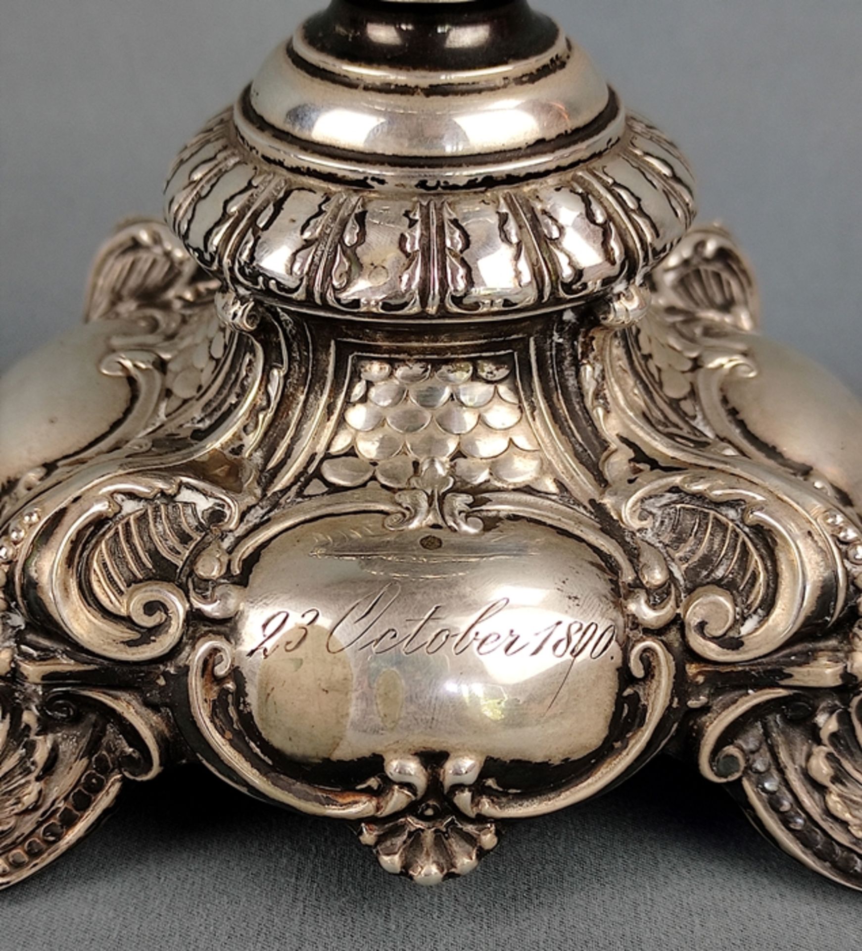 Antique candlestick, baroque shape, on four rolled acanthus feet, one cartouche with monogram, the  - Image 2 of 4