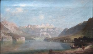Heitinger, Paul (1841 - 1920 München) "Ausflugsgesellschaft am See" mit Bergpanorama, wohl Eibsee, 