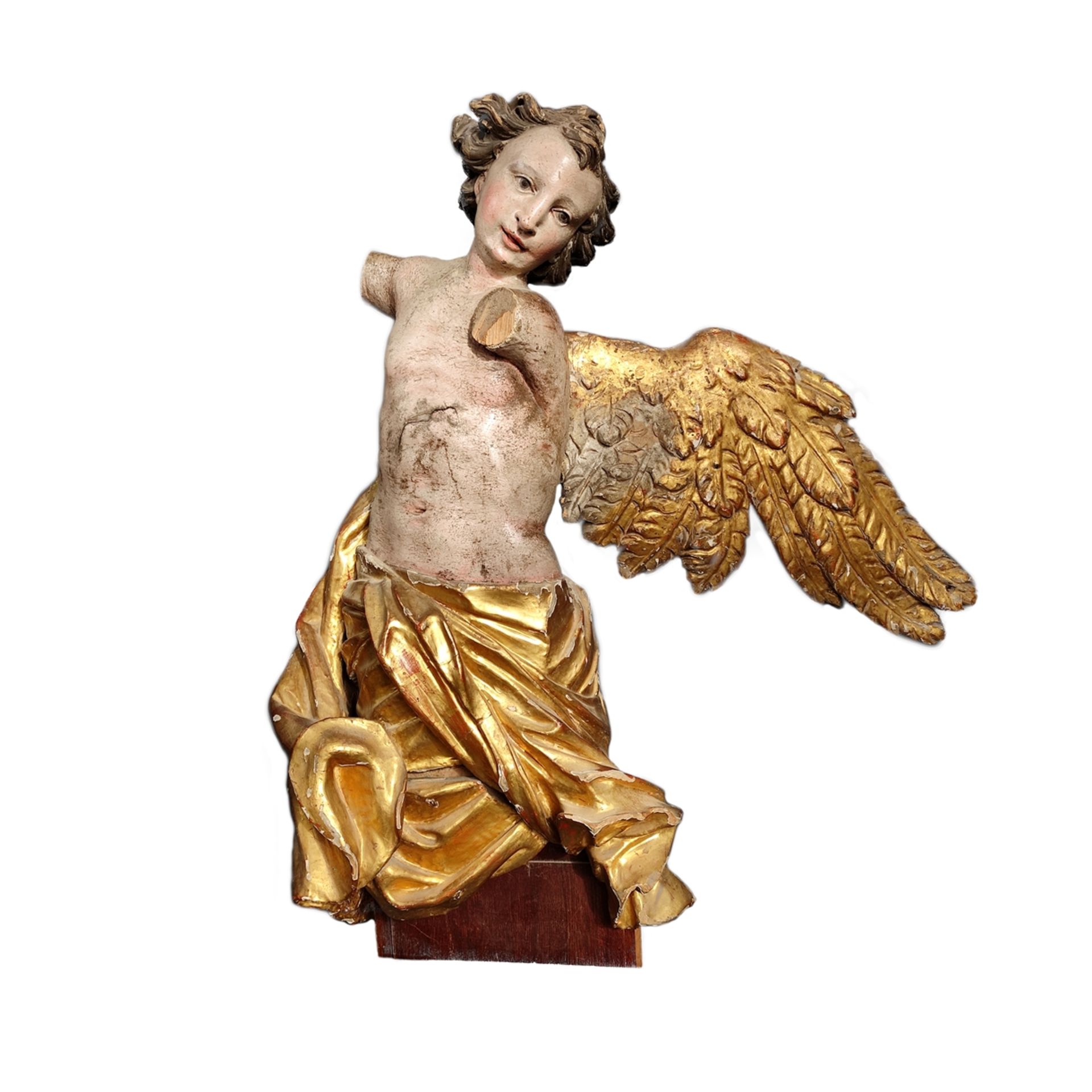 Barocker Engel, um 1780, auf Podest, vollrund geschnitzte Figur eines Engels, ein Flügel vorhanden,