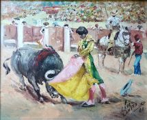 Canito, José López (1942 Spanien) "Stierkämpfer mit Stier" in einer Stierkampfarena, Öl auf Leinwan