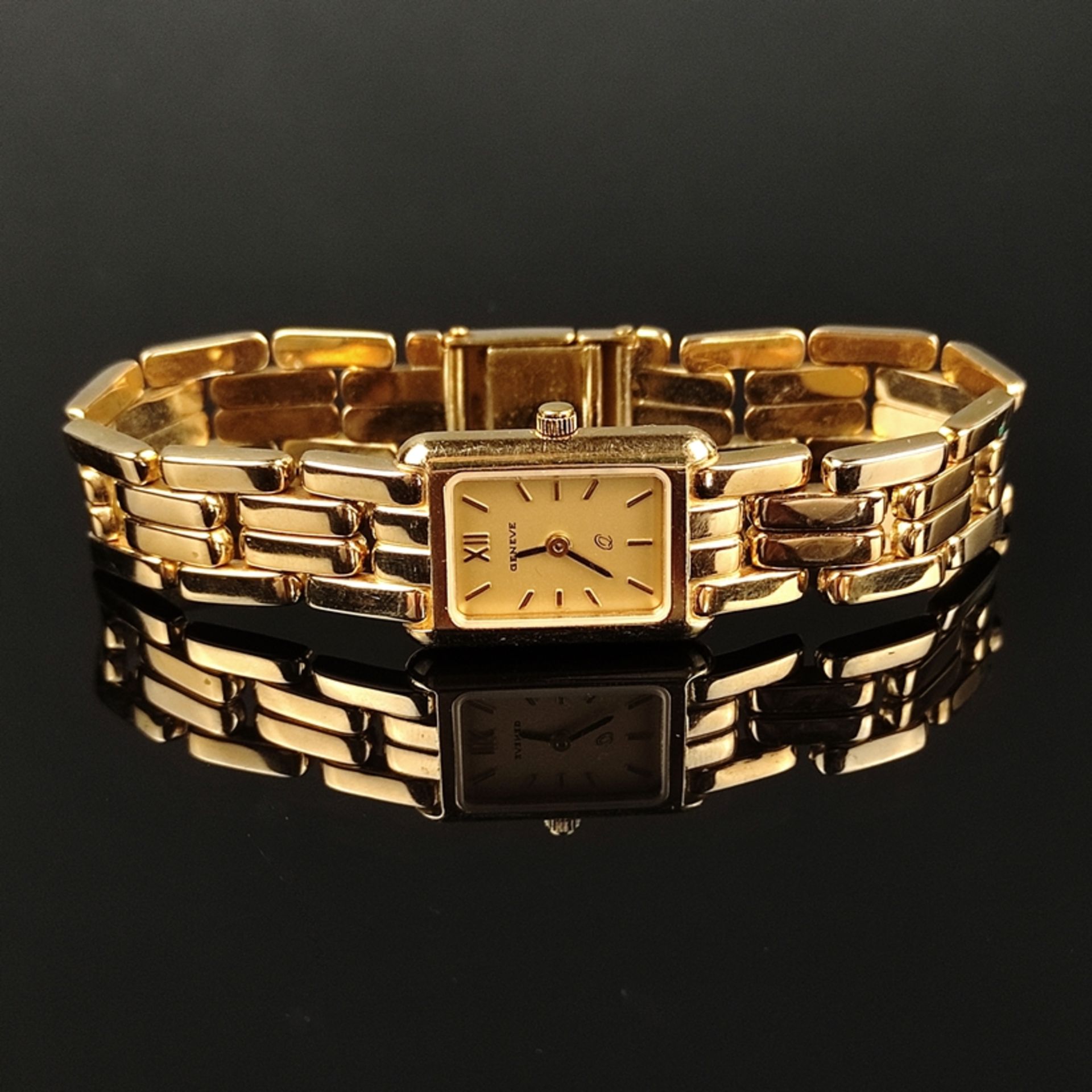 Armbanduhr, Genève, 585/14K Gelbgold, Gesamtgewicht 33g, Quarz-Werk, rechteckiges Ziffernblatt mit 