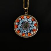 Ausgefallener Murano-Millefiori-Anhänger an Kette, Silber 925 in 585/14K Gelbgold vergoldet, 12,8 g