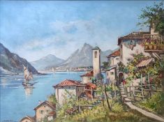 Landschaftsmaler (20. Jahrhundert) "Luganer See" mit Stadtansicht und Berg San Salvatore im Hinterg