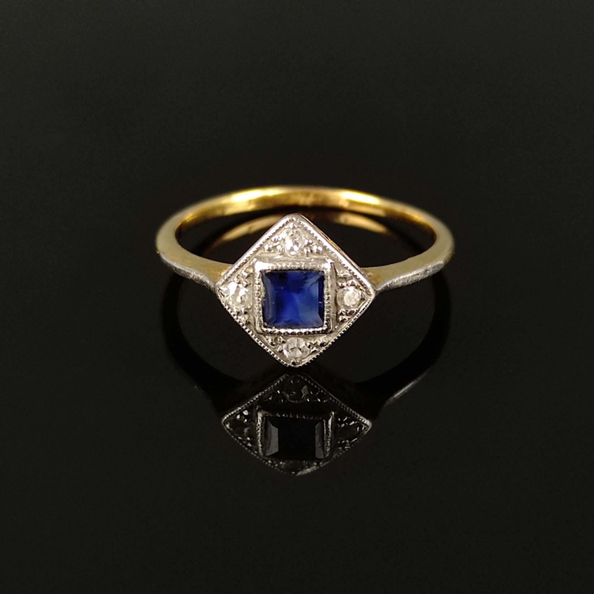 Art Déco Saphir-Brillant Ring, 750/18K Gelb-/Weißgold (getestet), Gesamtgewicht 2,2g, mittig rechte - Bild 2 aus 3