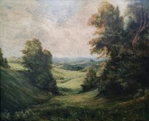 Kunze, Hermann (20. Jahrhundert) "Landschaftsausblick", mit Tal und Bäumen in sattem Grün, Öl auf L
