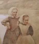 Clément, Max (1912 Wünnewil/Schmitten - 1995 Tafers) "Zwei Mädchen mit Kopftuch" vor einer bergigen