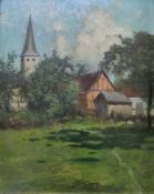 Lotter, Heinrich (1875 Stuttgart -1941 Insel Reichenau) "Kleine Dorfkirche mit Bauernhäusern", Öl a