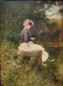 Van Beers, Jan (1852 Lierre - 1927 Fay-aux-Loges) zugeschrieben, "Sitzende Dame", mit Fächer und Hu