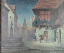 Jamke, W. (20. Jahrhundert) "Nachtständchen", ein Streichquartett spielt für eine Dame am Fenster i