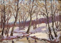 Wohlrab, Hans (1905 Eger - 1978 Nabburg) "Waldrand im Winter" an ein verschneites Feld grenzend, li