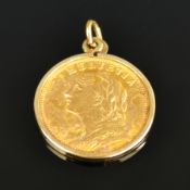 Münz-Anhänger mit sogenanntem Vreneli, Goldmünze, Schweiz, "Helvetia", 20 Franken, 1911, eingefasst