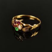 Blumen-Hände-Ring, 750/18K Gelbgold (getestet), Gesamtgewicht 1,74g, mittig blütenförmiges Element 