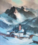 Lemke, Arno (1916 - 1981 München) "Bergdorf im Winter" vor verschneiter Alpenkulisse, wohl Bayern, 