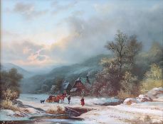 Duttler, Herbert (1948) "Winterlandschaft mit Pferdeschlitten" vor einem Gutshof am Fuß von Berghüg
