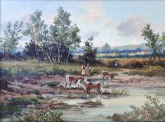 Dengler, Julius (1934 Ungarn) "Kühe an Wasserstelle" mit Kuhhirtinnen und Bauer und Blick auf Felde