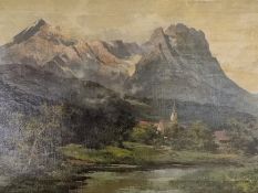 Guggenberger, Thomas (1815 - 1882 München) "Blick über Garmisch", mit kleinem See, Öl auf Leinwand,