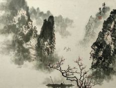 Chinesischer Künstler (20. Jahrhundert) "Landschaftsausblick", im Vordergrund Kirschbaum, darunter 