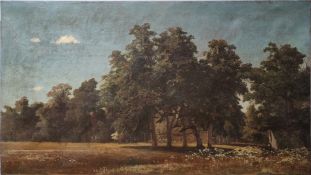 Zünd (19. Jahrhundert) "Landschaftsausblick" mit Bäumen und blühender Wiese, Öl auf Leinwand, recht