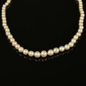 Feine Perlenkette, cremefarbene Perlen, im Verlauf angeordnet, von 2,9 - 6,6 mm, Schließe als klein